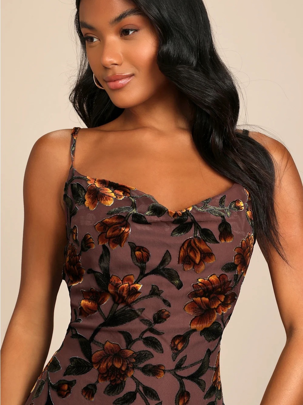 Lulu's Strapless Brown Velvet Floral Maxi Dress with Rust Blooms - Picture 2 of 7